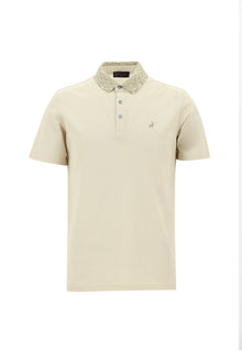 Kırık Beyaz Polo Yaka Slim Fit Dar Kesim Desenli Nakışlı Merserize Pamuk T-shirt