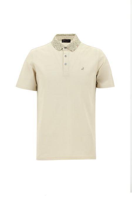 Kırık Beyaz Polo Yaka Slim Fit Dar Kesim Desenli Nakışlı Merserize Pamuk T-shirt