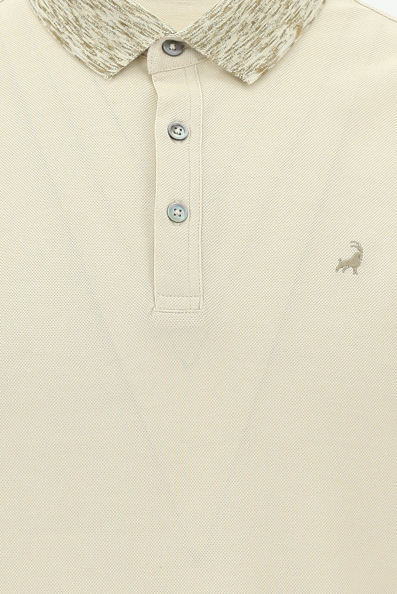 Kırık Beyaz Polo Yaka Slim Fit Dar Kesim Desenli Nakışlı Merserize Pamuk T-shirt