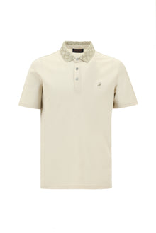 Ekru Polo Yaka Slim Fit Dar Kesim Desenli Nakışlı Merserize Pamuk T-shirt