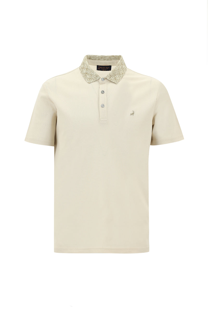 Ekru Polo Yaka Slim Fit Dar Kesim Desenli Nakışlı Merserize Pamuk T-shirt