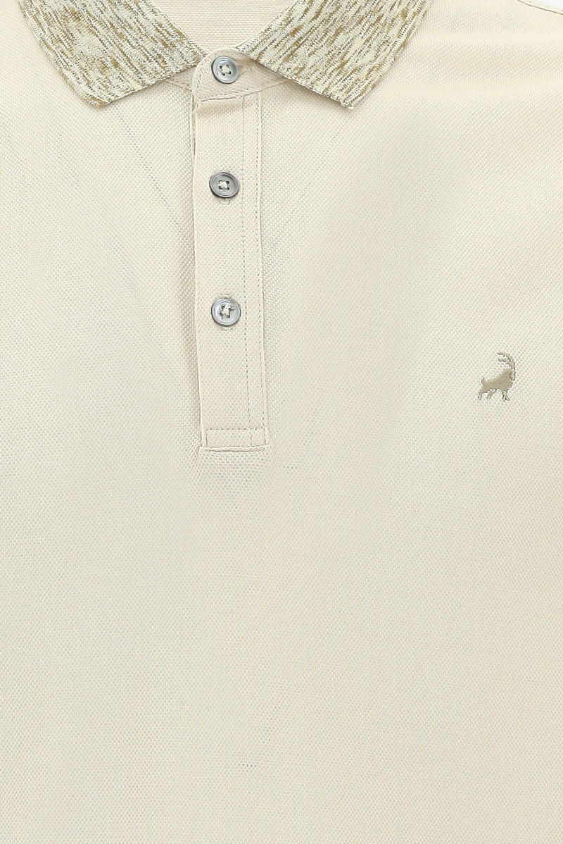 Ekru Polo Yaka Slim Fit Dar Kesim Desenli Nakışlı Merserize Pamuk T-shirt