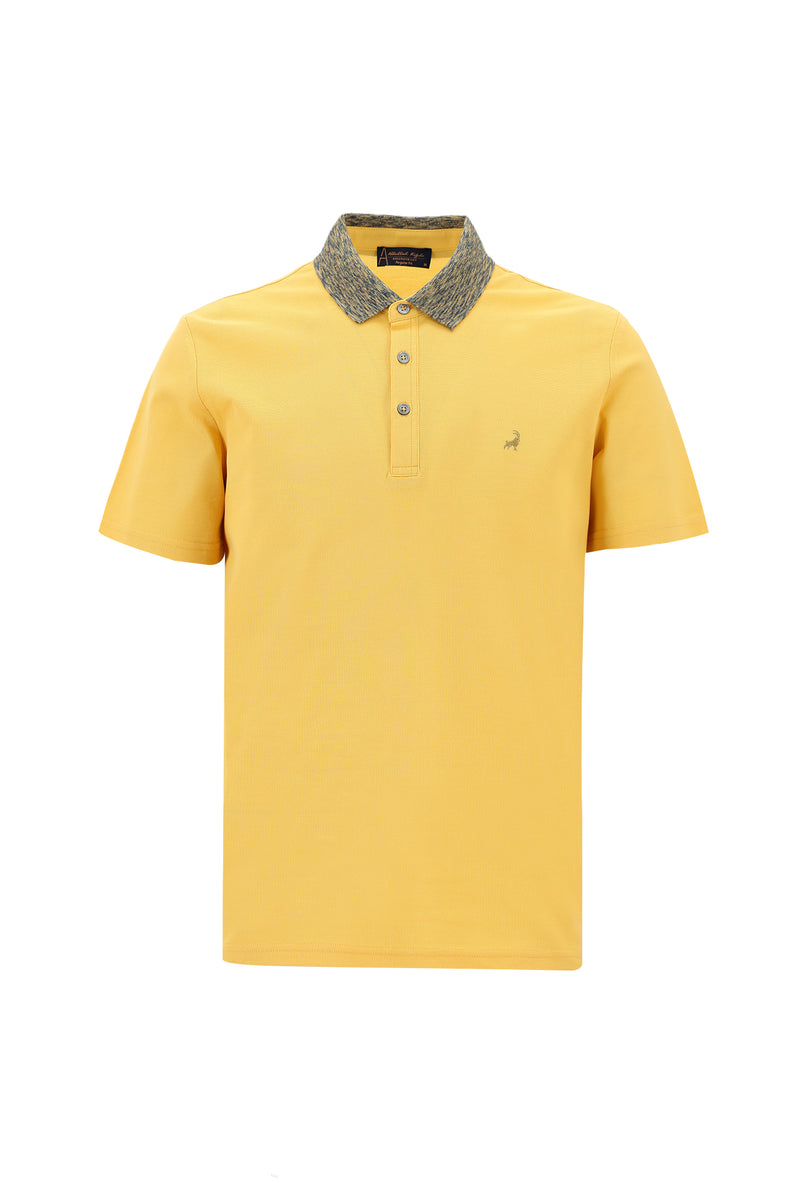 Koyu Sarı Polo Yaka Slim Fit Dar Kesim Desenli Nakışlı Merserize Pamuk T-shirt