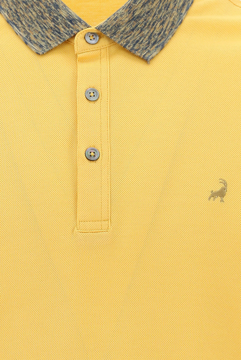 Koyu Sarı Polo Yaka Slim Fit Dar Kesim Desenli Nakışlı Merserize Pamuk T-shirt