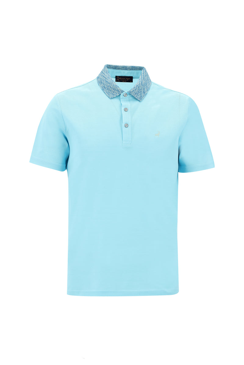 Açık Turkuaz Polo Yaka Slim Fit Dar Kesim Desenli Nakışlı Merserize Pamuk T-shirt