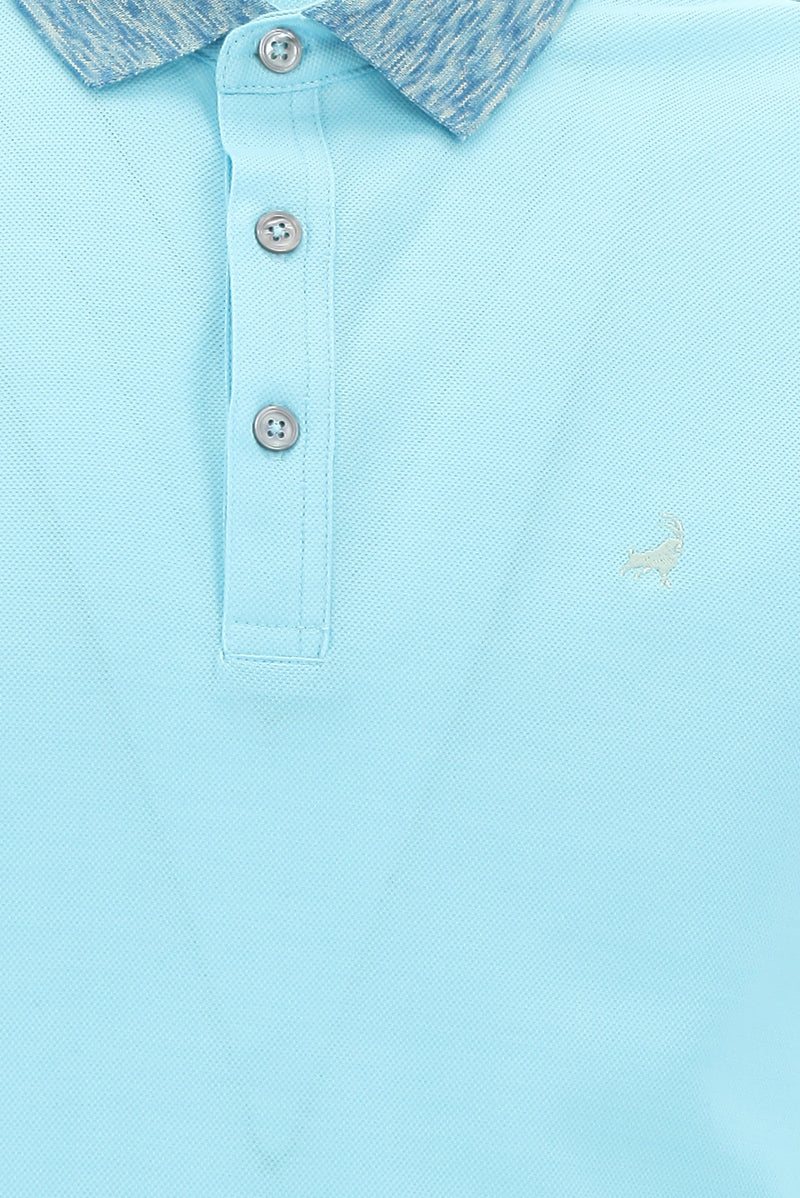 Açık Turkuaz Polo Yaka Slim Fit Dar Kesim Desenli Nakışlı Merserize Pamuk T-shirt