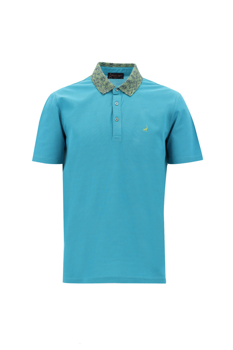 Koyu Turkuaz Polo Yaka Slim Fit Dar Kesim Desenli Nakışlı Merserize Pamuk T-shirt
