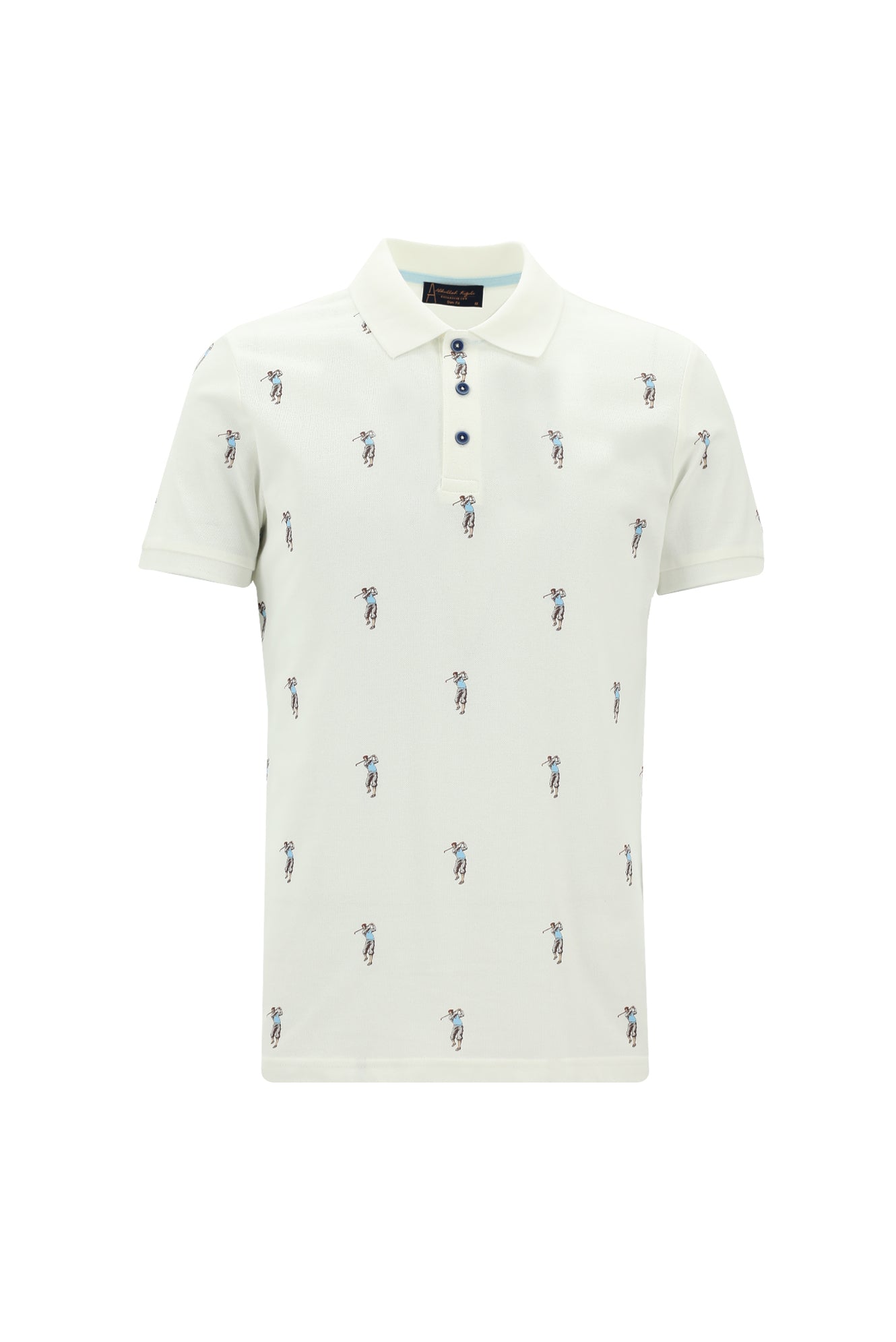 Kırık Beyaz Polo Yaka Slim Fit Dar Kesim Baskılı Pamuk T-shirt