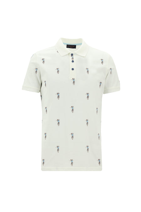 Kırık Beyaz Polo Yaka Slim Fit Dar Kesim Baskılı Pamuk T-shirt