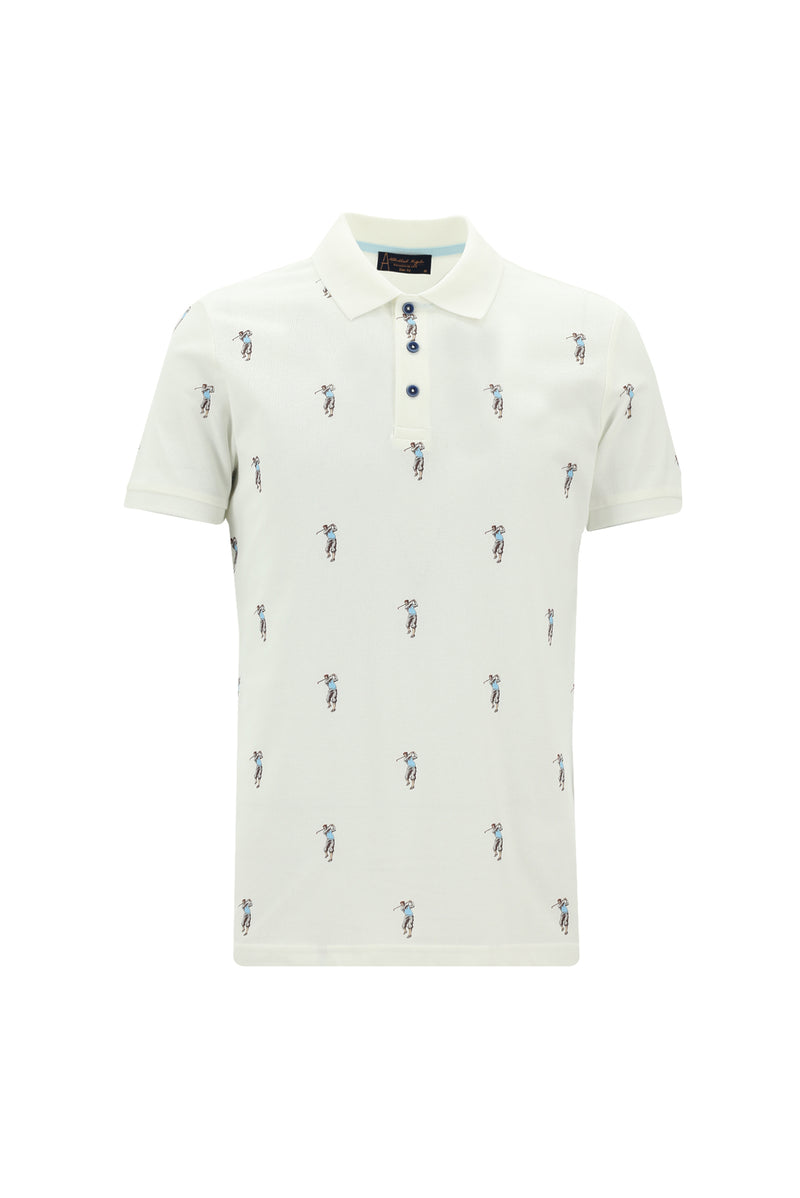 Kırık Beyaz Polo Yaka Slim Fit Dar Kesim Baskılı Pamuk T-shirt