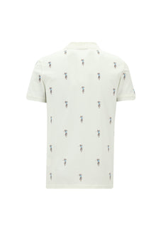 Kırık Beyaz Polo Yaka Slim Fit Dar Kesim Baskılı Pamuk T-shirt