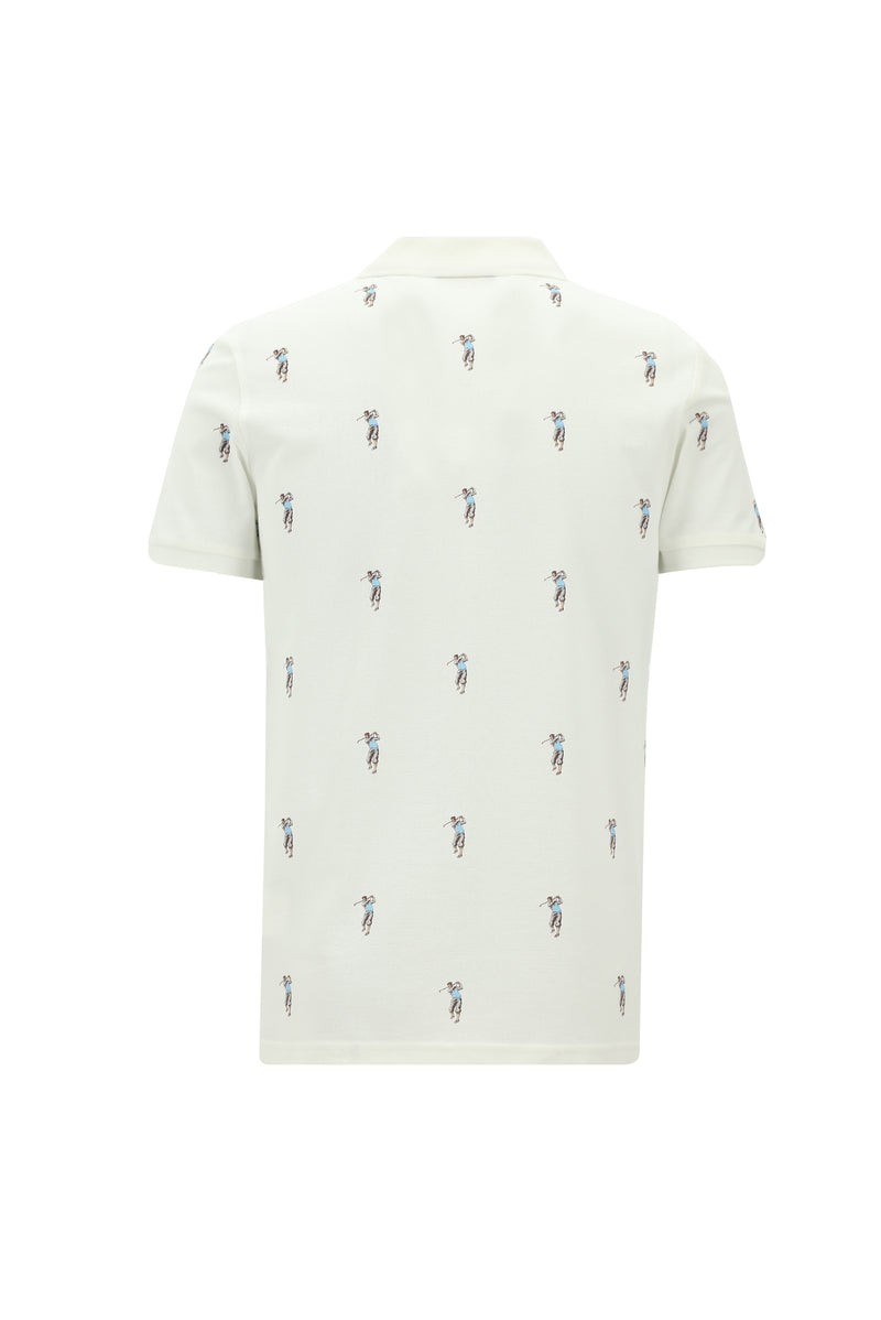 Kırık Beyaz Polo Yaka Slim Fit Dar Kesim Baskılı Pamuk T-shirt