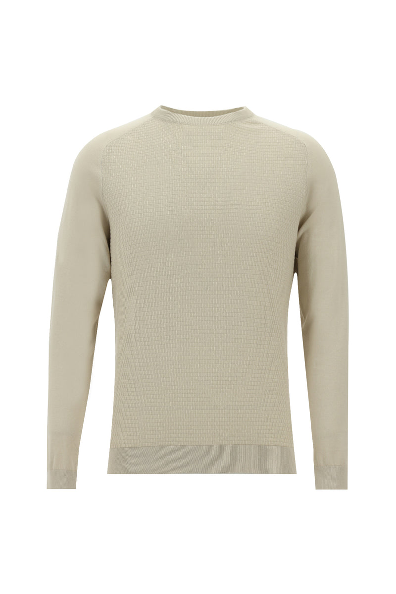 Açık Bej Bisiklet Yaka Slim Fit Dar Kesim Pamuklu Triko Kazak