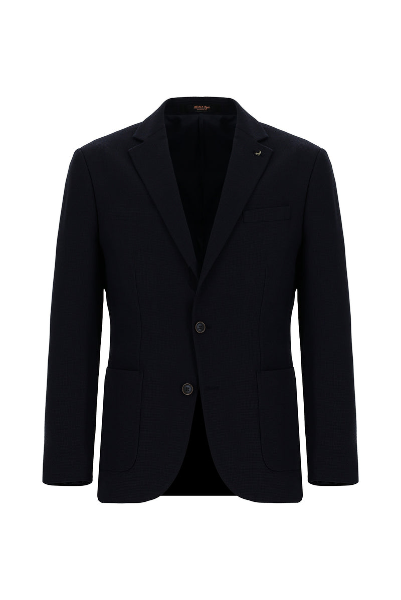 Koyu Lacivert Slim Fit Dar Kesim Yünlü Desenli Ceket