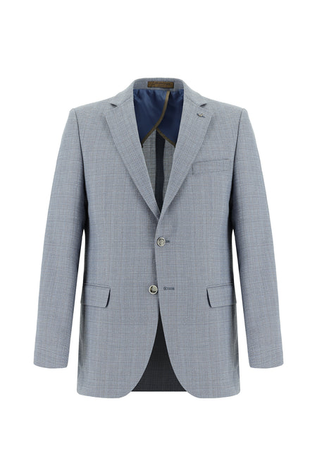 Açık Mavi Regular Fit Klasik Yünlü Keten Desenli Ceket