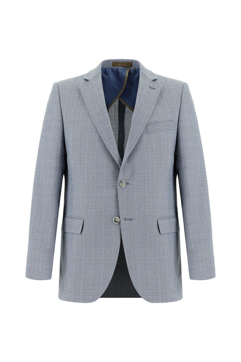 Açık Mavi Regular Fit Klasik Yünlü Keten Desenli Ceket