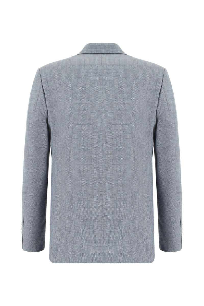 Açık Mavi Regular Fit Klasik Yünlü Keten Desenli Ceket