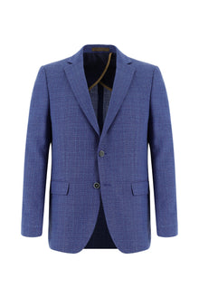 Koyu Mavi  Klasik Yünlü Keten Desenli Ceket