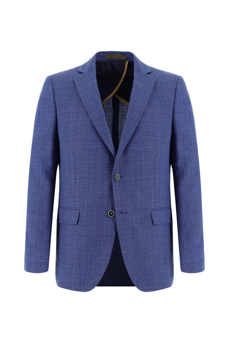 Koyu Mavi  Klasik Yünlü Keten Desenli Ceket