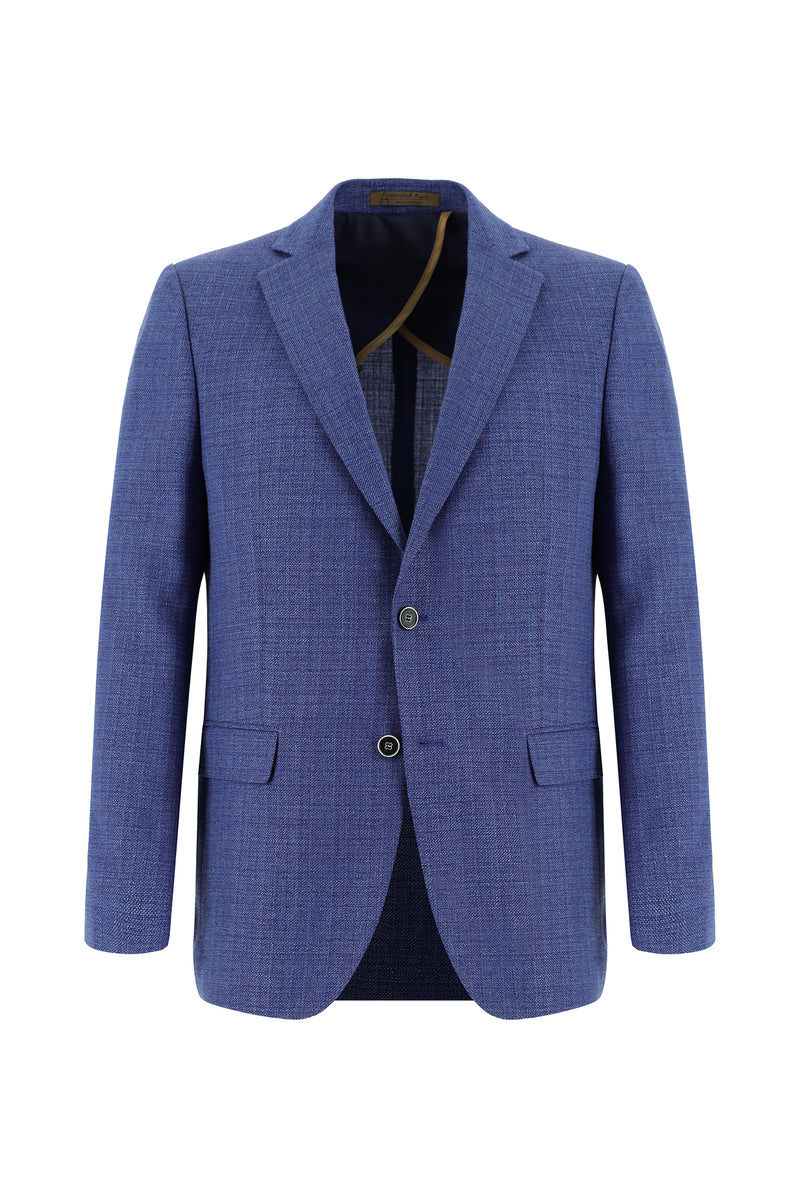 Koyu Mavi  Klasik Yünlü Keten Desenli Ceket