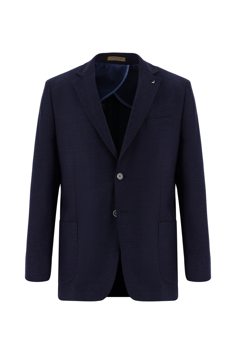 Koyu Lacivert Relaxed Fit Rahat Kesim Yünlü Desenli Ceket