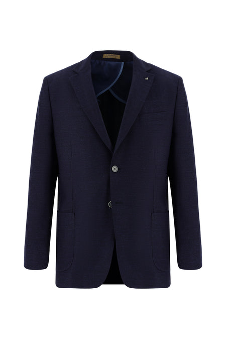 Koyu Lacivert Regular Fit Yünlü Desenli Ceket