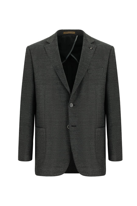 Koyu Antrasit Relaxed Fit Rahat Kesim Yünlü Desenli Ceket