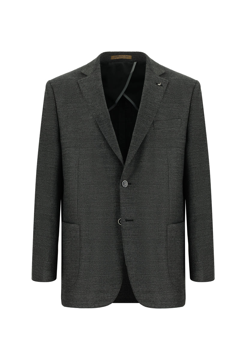 Koyu Antrasit Relaxed Fit Rahat Kesim Yünlü Desenli Ceket