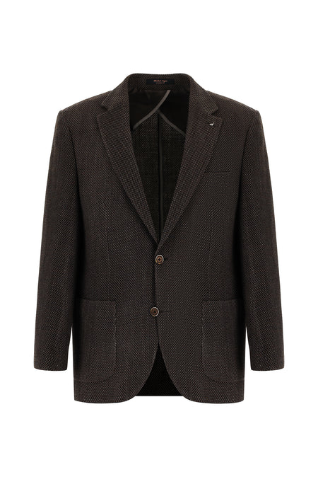 Koyu Kahve Relaxed Fit Rahat Kesim Yünlü Desenli Ceket