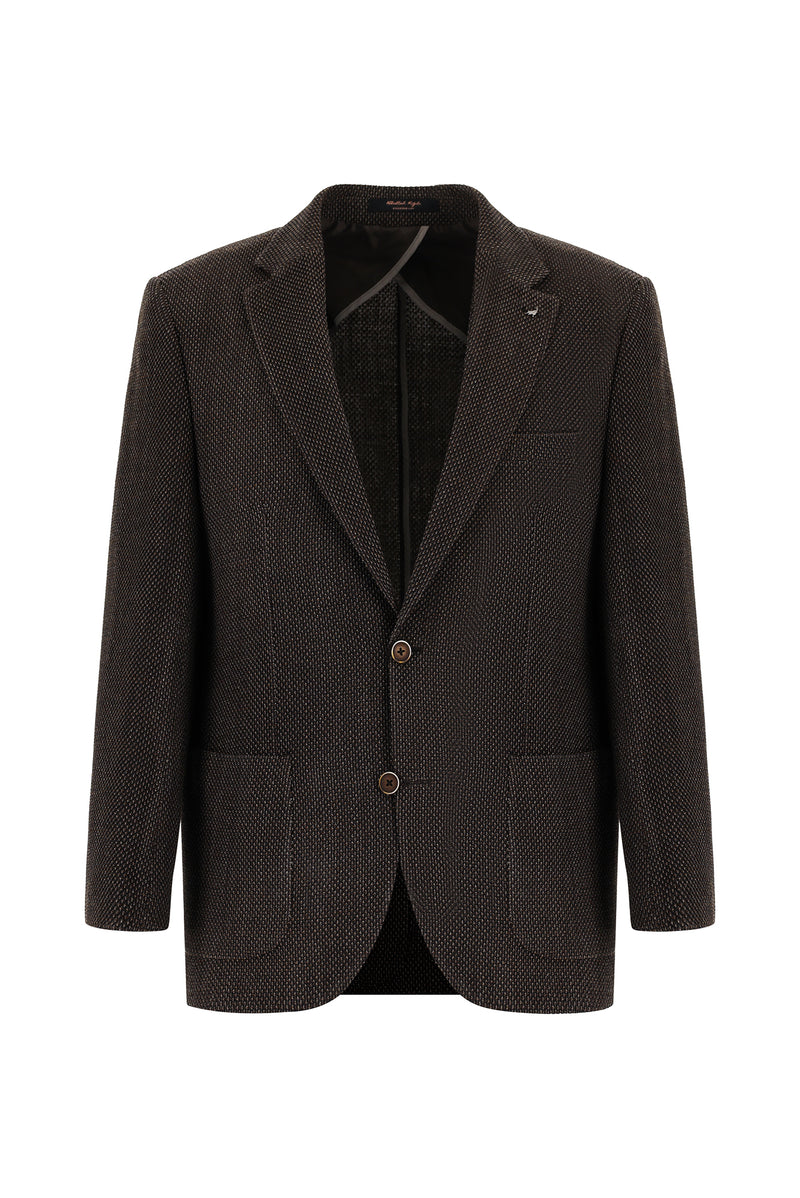 Koyu Kahve Relaxed Fit Rahat Kesim Yünlü Desenli Ceket