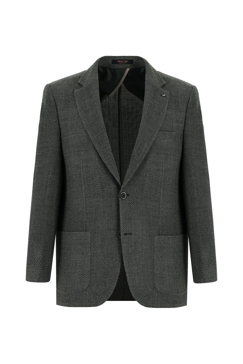Koyu Haki Relaxed Fit Rahat Kesim Yünlü Desenli Ceket
