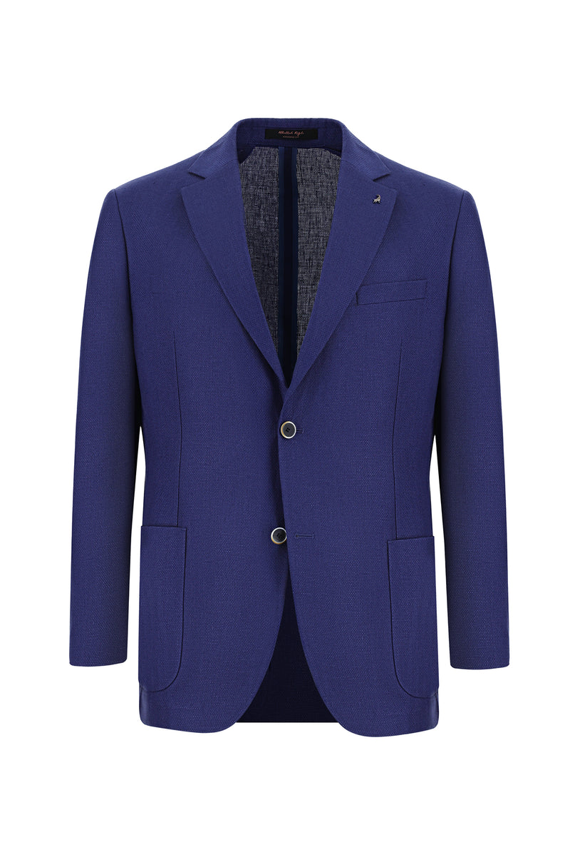 Açık Lacivert Slim Fit Dar Kesim Desenli Keten Ceket