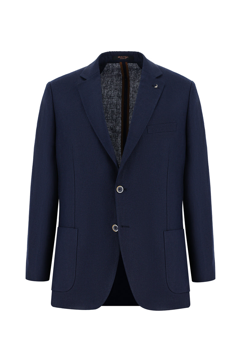 Koyu Lacivert Relaxed Fit Rahat Kesim Desenli Keten Ceket