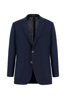 Koyu Lacivert Slim Fit Dar Kesim Desenli Keten Ceket