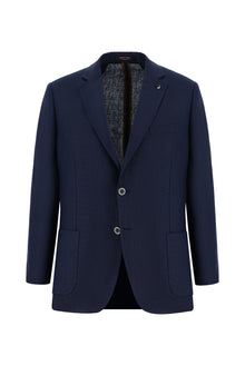 Koyu Lacivert 7 Drop Slim Fit Dar Kesim Desenli Keten Ceket-Abdullah Ki??l?