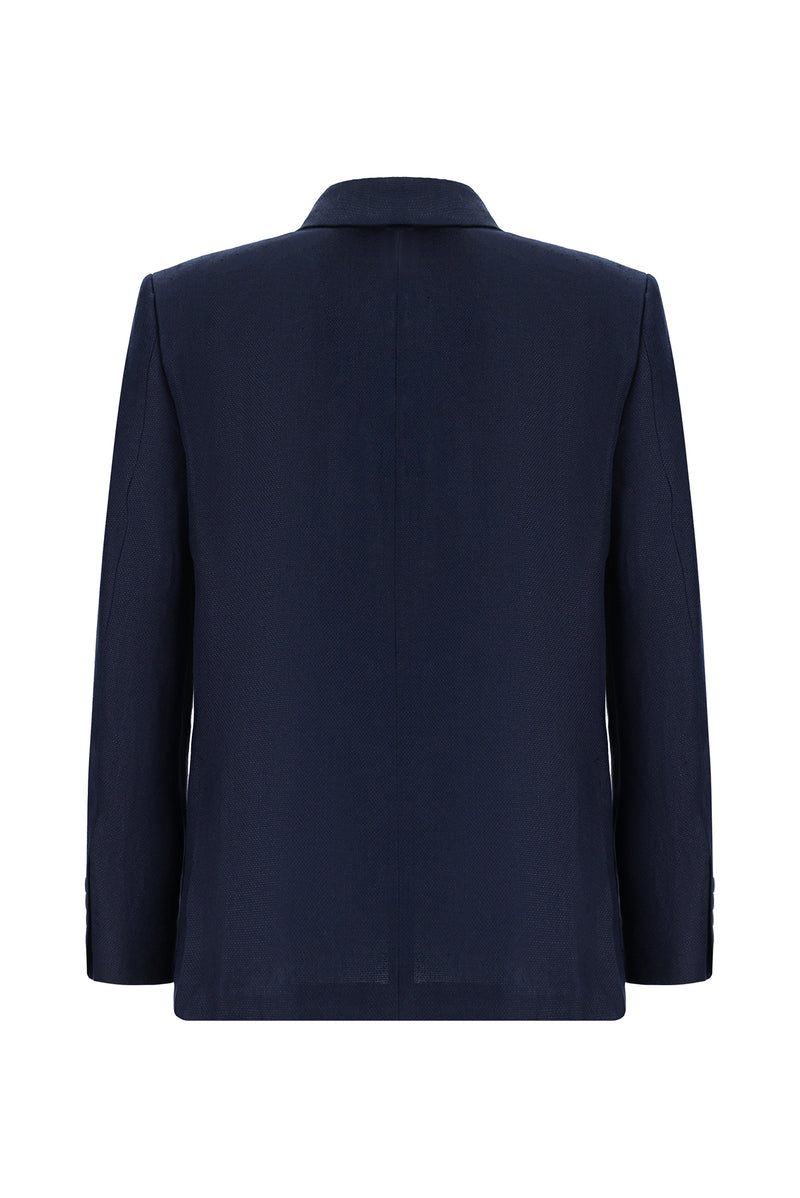 Koyu Lacivert Slim Fit Dar Kesim Desenli Keten Ceket