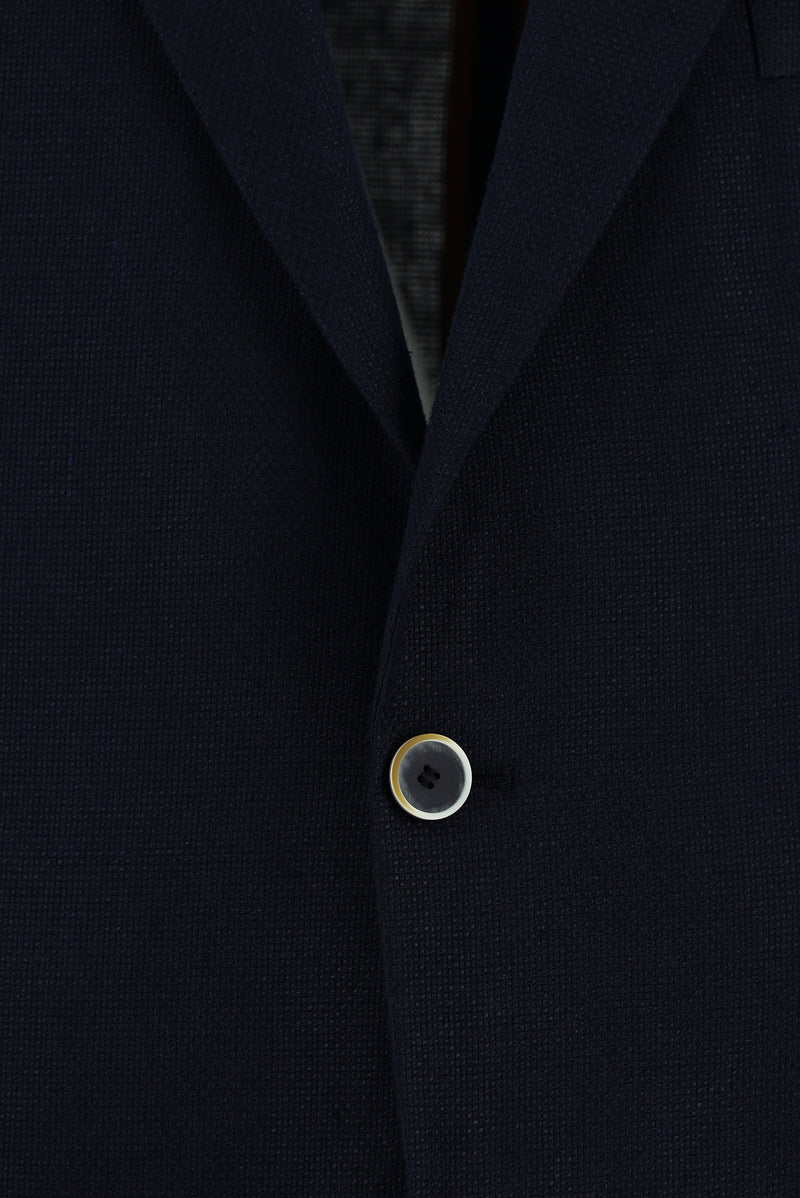 Koyu Lacivert Slim Fit Dar Kesim Desenli Keten Ceket