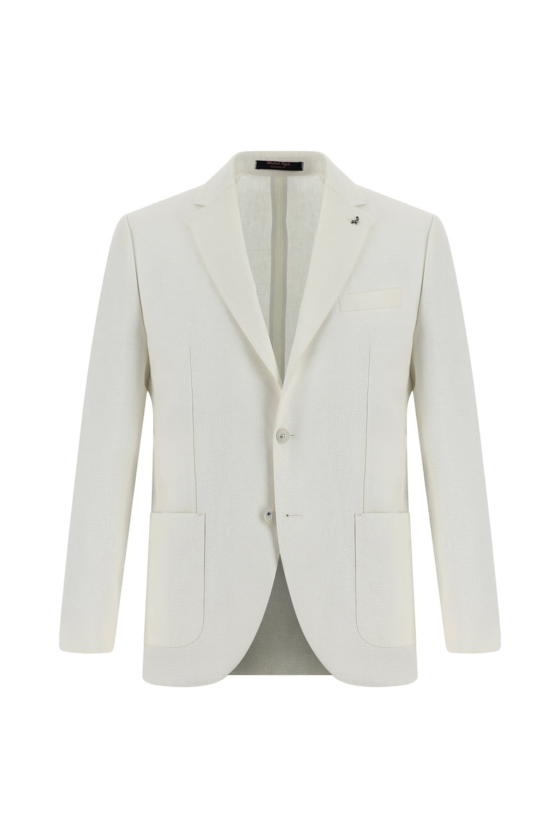 Beyaz Slim Fit Dar Kesim Desenli Keten Ceket