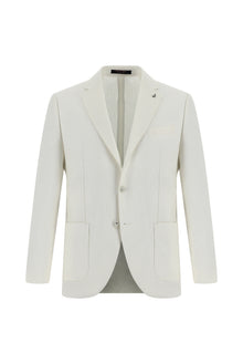 Beyaz Slim Fit Dar Kesim Desenli Keten Ceket