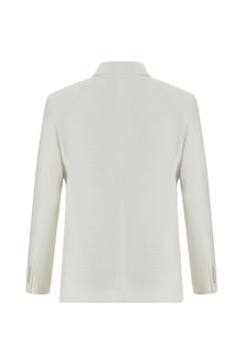 Beyaz Slim Fit Dar Kesim Desenli Keten Ceket
