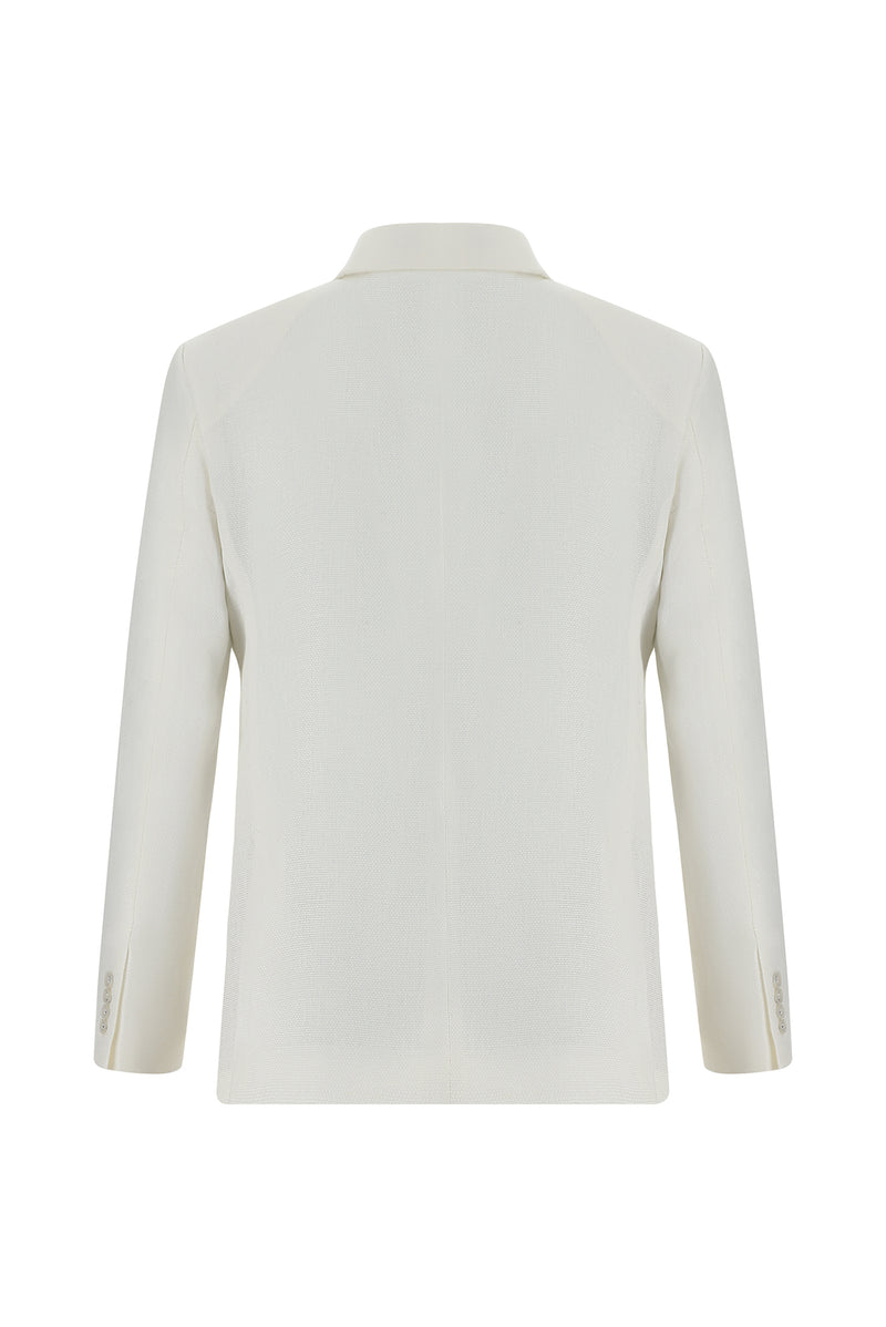 Beyaz Slim Fit Dar Kesim Desenli Keten Ceket