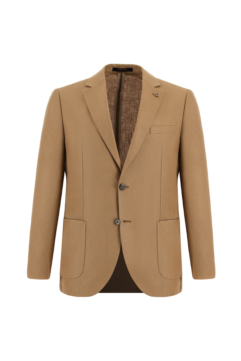 Camel Slim Fit Dar Kesim Desenli Keten Ceket