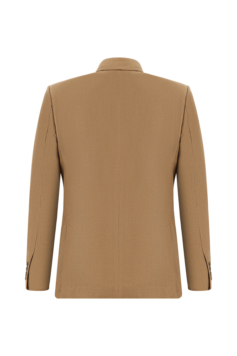 Camel Slim Fit Dar Kesim Desenli Keten Ceket