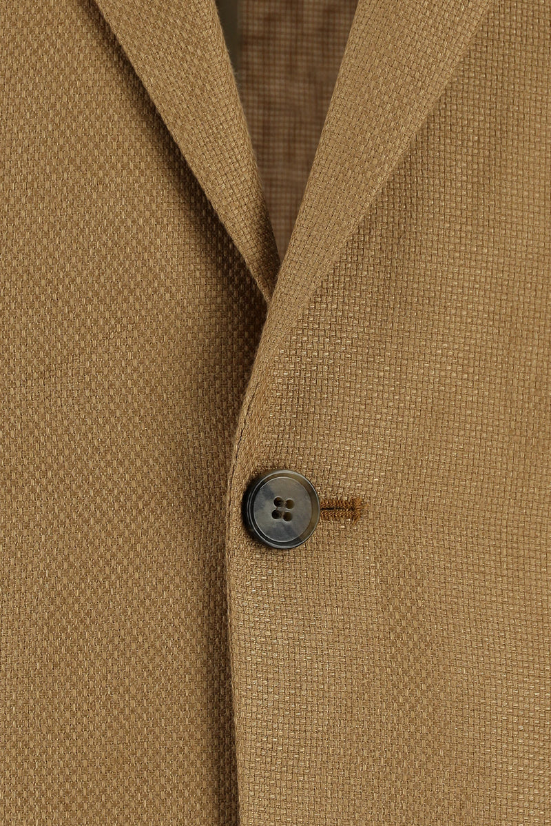 Camel Slim Fit Dar Kesim Desenli Keten Ceket