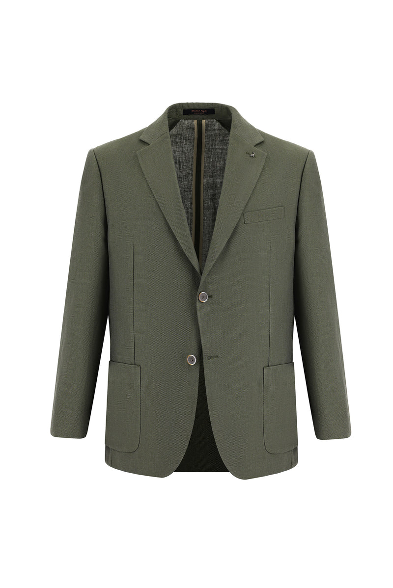 Açık Haki Slim Fit Dar Kesim Desenli Keten Ceket