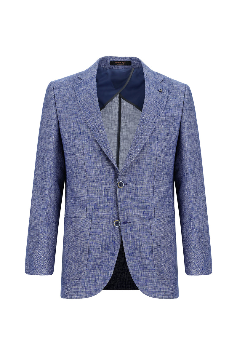 Koyu Mavi  Regular Fit Desenli Keten Ceket