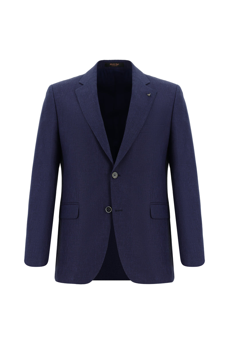 Orta Lacivert Slim Fit Dar Kesim Klasik Keten Ceket