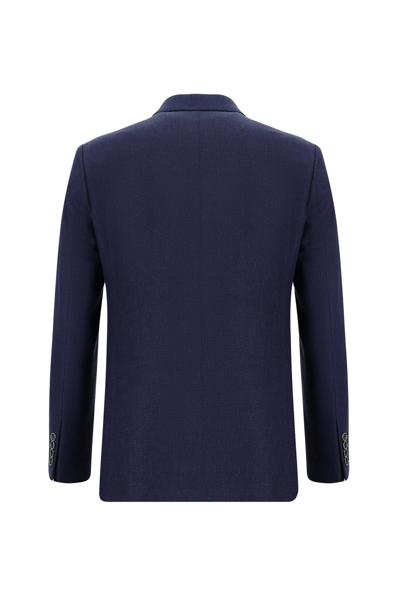 Orta Lacivert Slim Fit Dar Kesim Klasik Keten Ceket