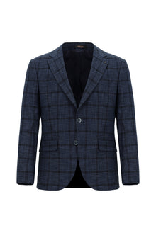 Koyu Lacivert Slim Fit Dar Kesim Ekose Ceket