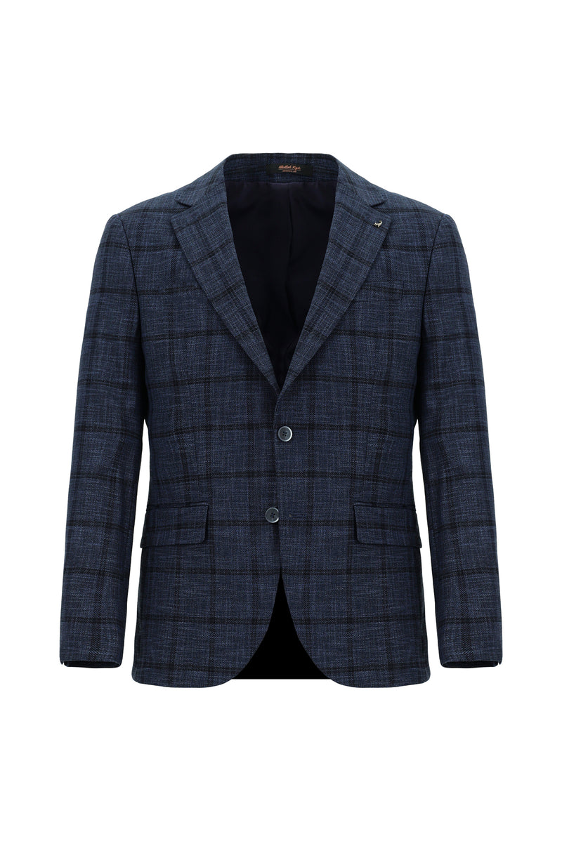 Koyu Lacivert Relaxed Fit Rahat Kesim Ekose Ceket